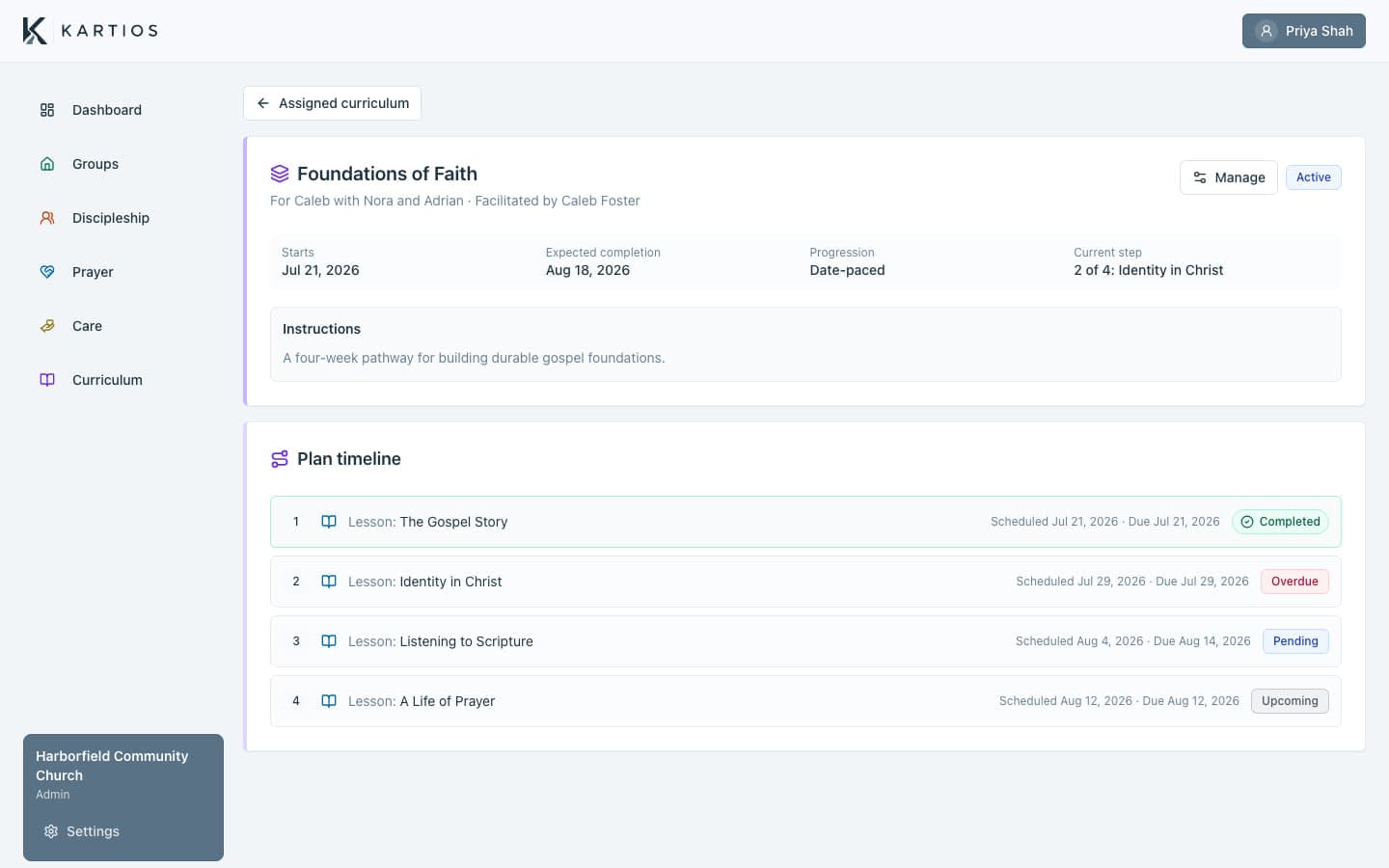 A Foundations of Faith curriculum plan in Kartios with a sequenced timeline and completed, overdue, pending, and upcoming work