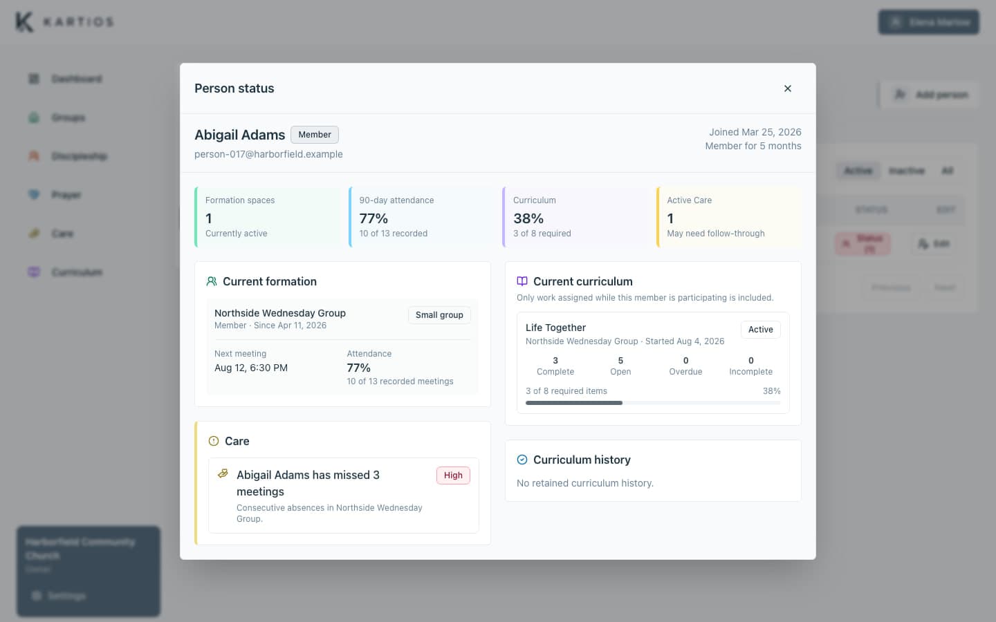 A Person status view in Kartios connecting formation, attendance, curriculum progress, and Care